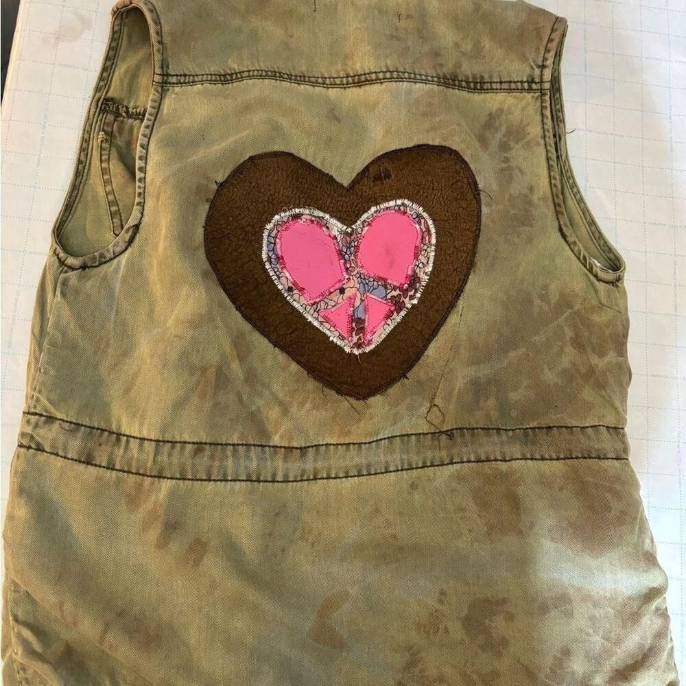 Max Jeans Upcycled Khaki Utility Vest with Custom Patches - Woman's Size L
